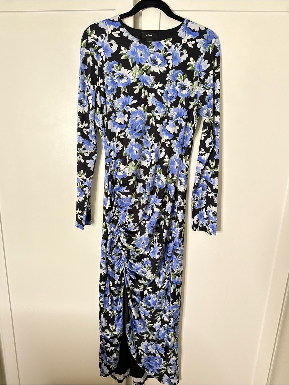 Aqua Black & Blue Floral Long Sleeve Midi Dress